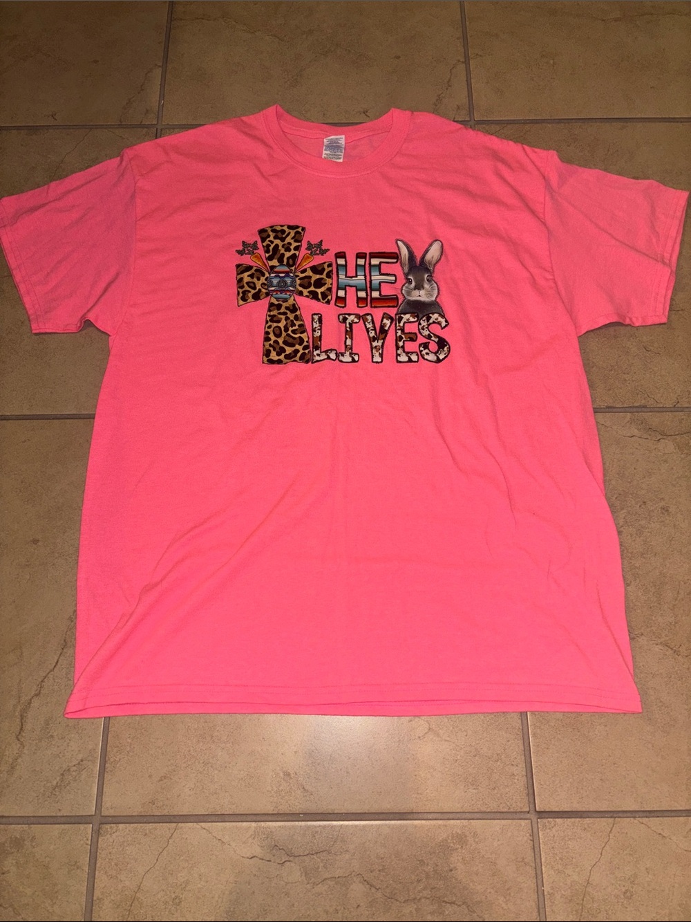 Gildan Neon Pink 'He Lives' Leopard Cross Bunny Graphic Tee